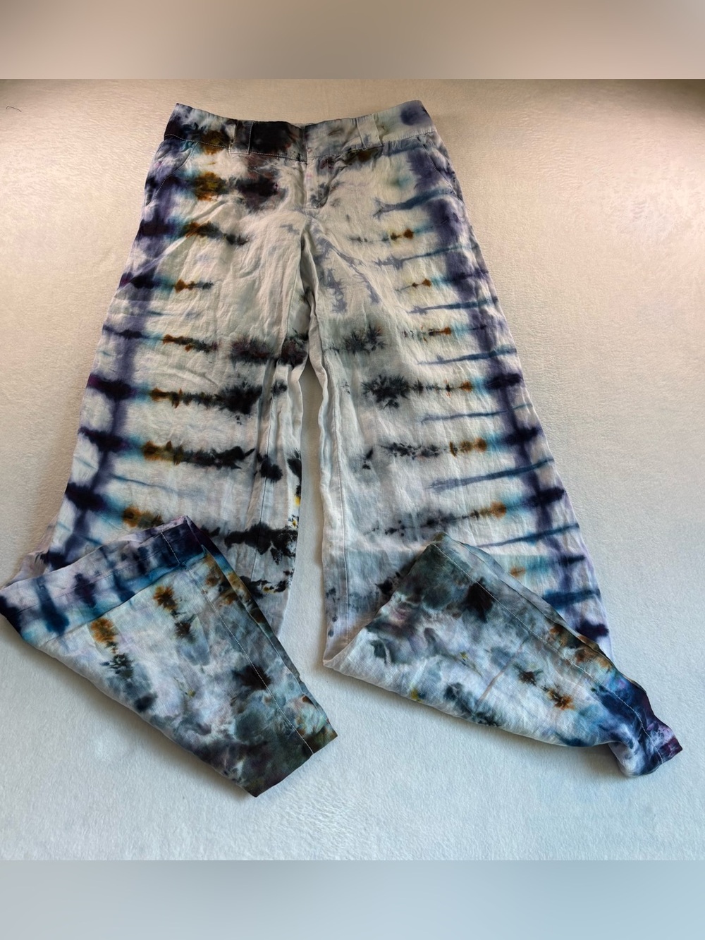 LONDONJEAN Tie-Dye Linen Pants - Blue, Black & Brown Accents